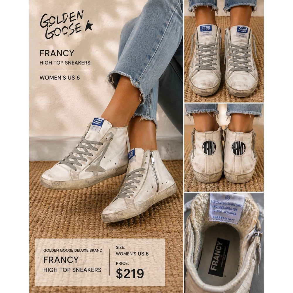 Golden Goose Deluxe Brand Francy High Top White Leather Sneakers Womens 6